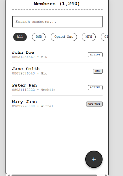 Bright_da_Dev's tweet photo. New client project: a church that needs to SMS 1,000+ members.

I’m building a broadcast + contact manager with credit tracking, DND/opt-out handling and campaign history.

First wireframes below 

(Originally posted on LinkedIn, cross-posting my progress here) https://t.co/YUKFWKvYrM