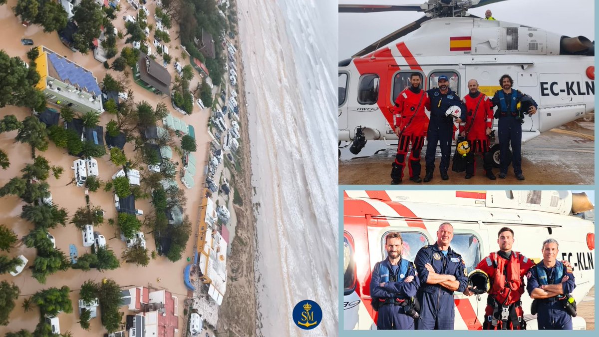salvamentogob's tweet photo. 🔉Seguimos en #Oliva dando apoyo a Emergencias de la Generalitat Valenciana , bajo el Mando de Consorcio de Bomberos de Valencia.

🚁Durante el día de hoy, la tripulación del Helimer 202 y controladores de CCS Valencia han coordinado el rescate de los tejados del municipio de Oliva, zona asignada, de 19 personas (entre ellos un niño y un bebé) y un perro. Muchas de las personas rescatadas, mayores y con alguna discapacidad, han recibido el cariño de la tripulación del personal de Avincis hasta su llegada a tierra 👏.

⚓️➡️Por tierra, aire y mar, Seguimos en alerta. Salvamento Marítimo 24/7