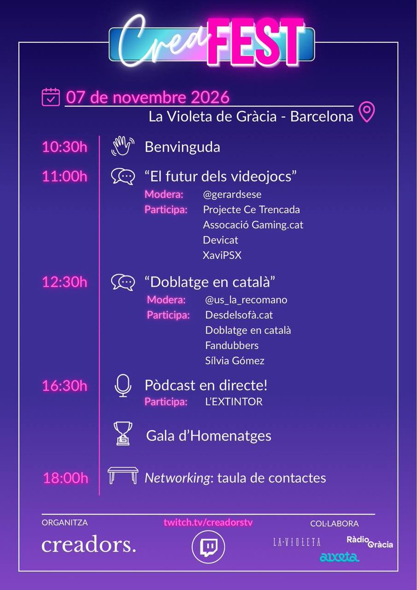 creadorstv's tweet photo. Torna el Creafest!!

🗓️ El proper 7️⃣ de novembre teniu una cita a 📍 La Violeta de Gràcia, a Barcelona!

Més informació a

🔗 https://t.co/wt7YRUjlZO

No t'ho perdis!! https://t.co/lFyBZViEBU