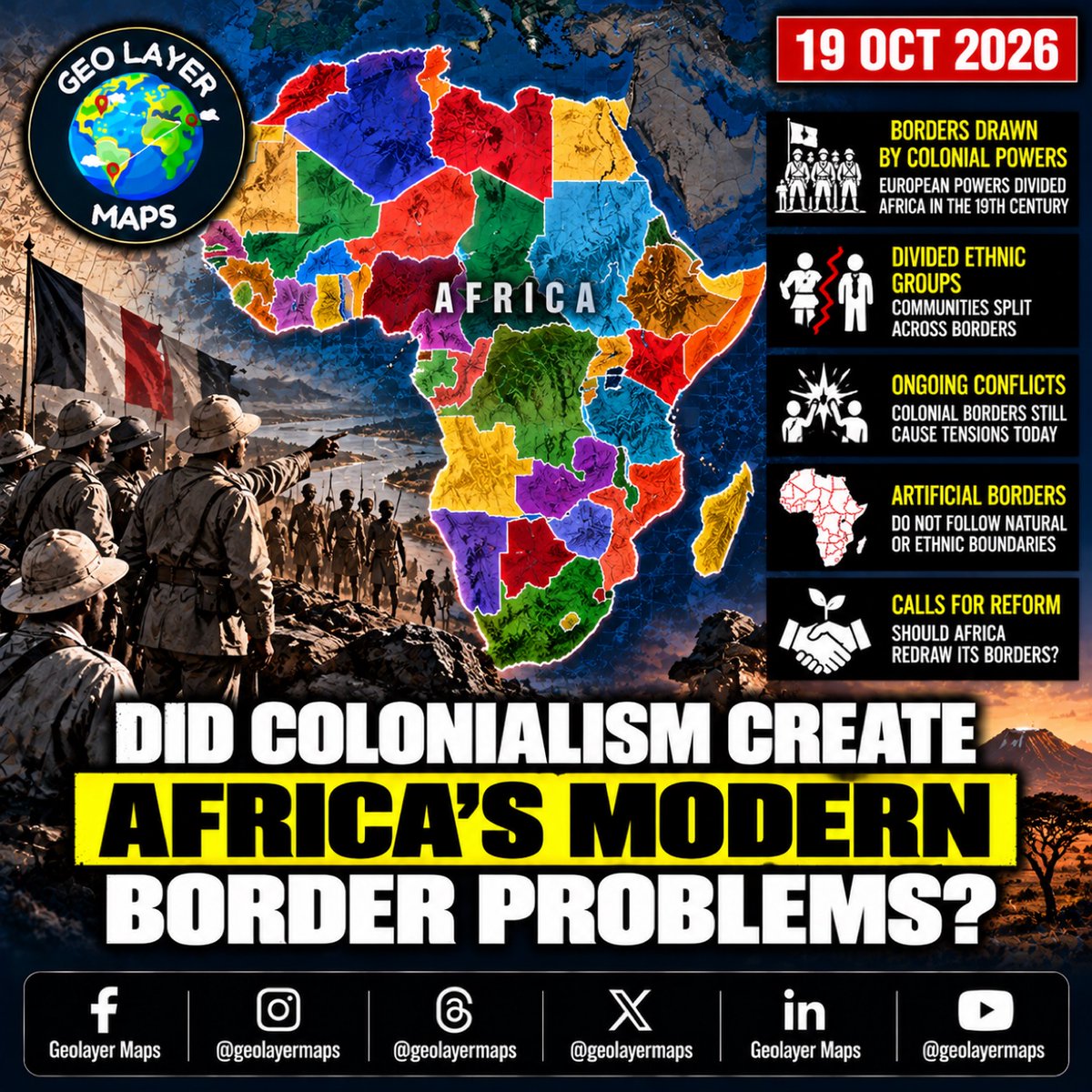 Geolayermaps's tweet photo. Did colonialism create Africa's border problems? 🌍
Europe drew the lines in the 1800s, split ethnic groups apart, and the conflicts never stopped.
Should Africa redraw its map?
#Africa #History #Geopolitics https://t.co/1LFljwipi1