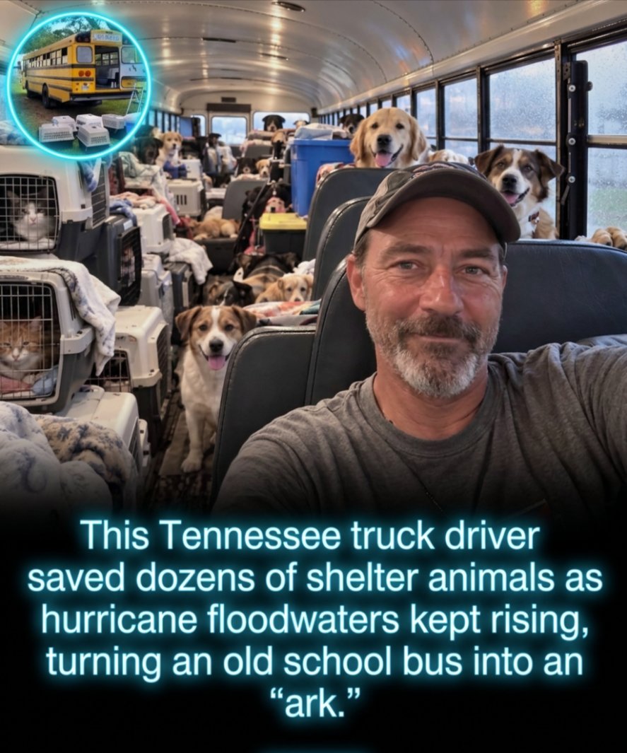 Rainmaker1973's tweet photo. A determined truck driver transformed a retired school bus into a functional animal sanctuary, steering directly into hazardous conditions to rescue abandoned pets as hurricane floodwaters surged. Tony Alsup, a driver from Tennessee, purchased the old vehicle for roughly 3,200 dollars, unbolted the interior seats, and lined the empty space with travel crates to create a highly efficient, mobile evacuation unit for vulnerable shelter animals.

Ignoring the worsening weather and deep floods, Alsup navigated through heavily impacted zones to pull fifty-three dogs and eleven cats from danger, securing a grand total of sixty-four animals. He transported the entire group to a secure facility in Alabama, where the rescued pets were provided with immediate care while continuing their journey toward adoption.

This humanitarian effort stands out because Alsup acted entirely on his own, without the backing or funding of any established animal welfare organization. Driven by a simple refusal to leave helpless creatures behind, he invested his own resources to secure their survival, proving that life-saving interventions can arrive in the most modest and unexpected packages.