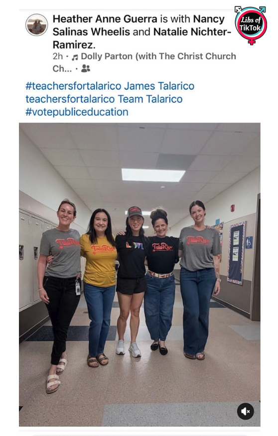 libsoftiktok's tweet photo. SCOOP: Multiple teachers at Pearson Ranch Middle School (@RoundRockISD) reportedly posted a picture of themselves wearing T-shirts PROMOTING Democrat James Talarico INSIDE the school.

Isn’t it against the law for teachers to promote political candidates inside public schools?

We reached out to the school for comment, but they did not respond.