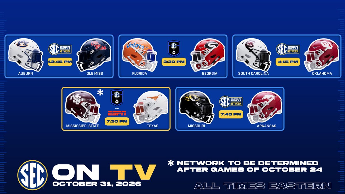 SEC's tweet photo. 📺 #SECFB on TV: Oct. 31

Network &amp; Time Updates: https://t.co/gQ0QbO4vgT https://t.co/yL4Js2tyW4