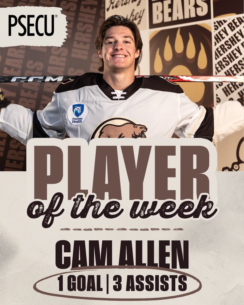 TheHersheyBears's tweet photo. With a four-point weekend, Cam Allen is our @PSECU Player of the Week! https://t.co/rxePaxaSUg