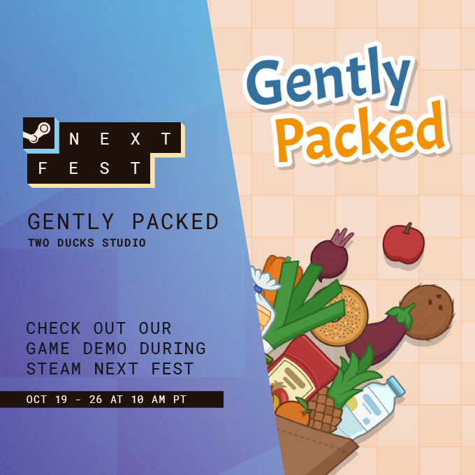 TwoDucksStudio's tweet photo. Steam Next Fest is officially HERE! 
Jump onto Steam, try out our brand new demo &amp; start packing those groceries gently. We added tons of new features, tutorials, and polish, so we really need your help testing everything!
Play the demo &amp; wishlist now!
#NextFest  #gamingcommunity https://t.co/gb00kokH81