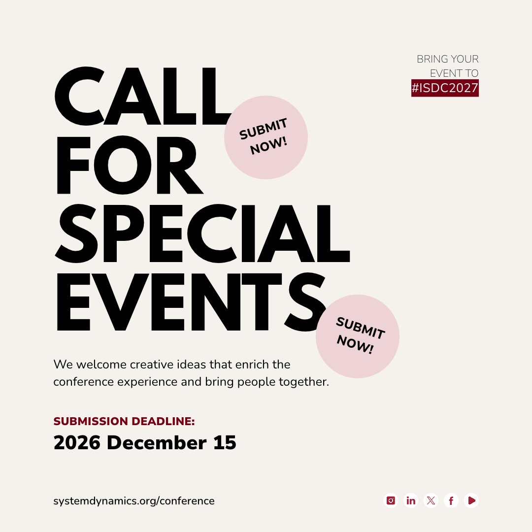 systemdynamics_'s tweet photo. 📢  We invite proposals for special events and activities to complement #ISDC2027, taking place July 18–22 in Cleveland, Ohio, USA.

📅 Submission deadline: December 15, 2026
🔗 Submit idea: https://t.co/RqI3lMpC4D 

#SystemDynamics #systemsthinking https://t.co/ruPGMRu5ka