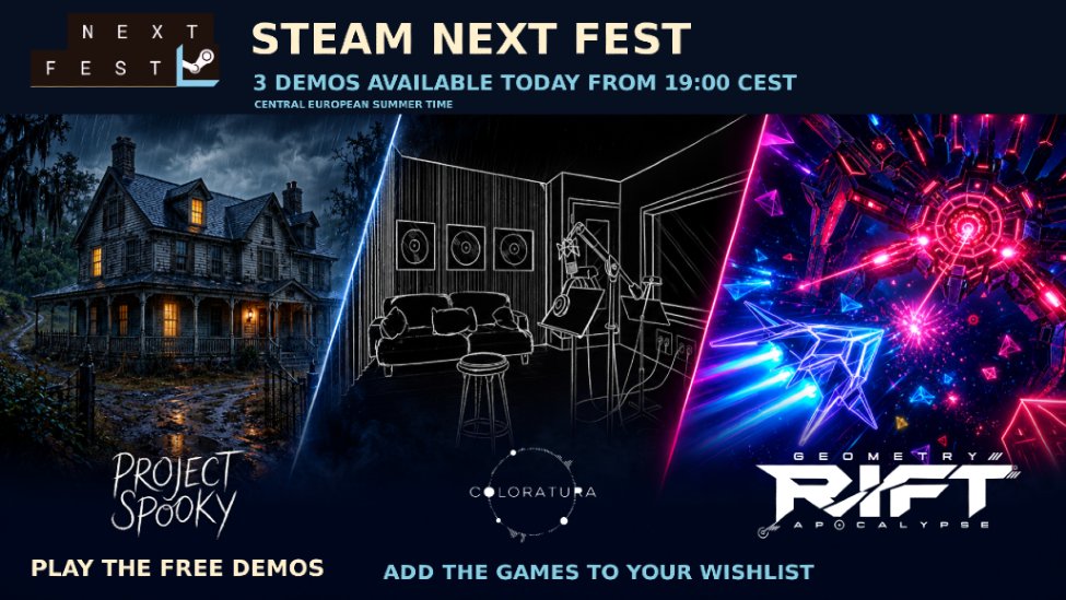 DojoSystem's tweet photo. Steam Next Fest starts today. Free DOJO demos until Monday,
October 26: Coloratura (a game you play with your ears) and Project Spooky (psychological horror).
👉 https://t.co/SOM8rXYul0
DOJO Discord: https://t.co/eWl57mZDke

#SteamNextFest #IndieGames #DojoSystem https://t.co/F2jGDOKtwS