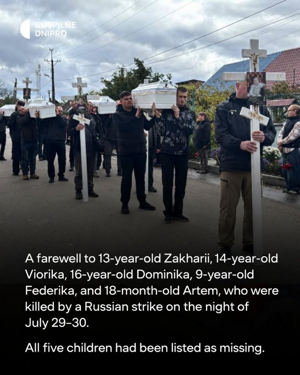 Gerashchenko_en's tweet photo. Today, five children killed by a Russian attack - 13-year-old Zakharii, 14-year-old Viorika, 16-year-old Dominika, 9-year-old Federika, and 18-month-old Artem - were laid to rest in Radushne, Dnipropetrovsk region.

A Russian missile struck the Voronov family's home on the night of July 29-30.

For more than two months, the children had been listed as missing. Their bodies were finally identified after extensive DNA testing.

Ten members of the Voronov family were killed in that Russian attack: 47-year-old Artem, his 41-year-old wife Olena, seven of their children, and their 18-month-old grandson.