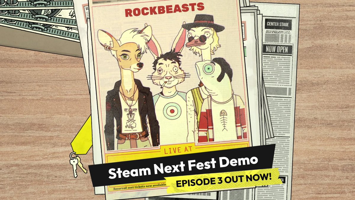 RockbeastsGame's tweet photo. It’s #SteamNextFest time! And it’s not as if we’ve been tuning our guitars or screaming our heads off together with @CriticalRole in anticipation! Nah, not at all, whatever! 🤘👀

The free ROCKBEASTS demo is already available, and just now we're launching with a brand-new, THIRD EPISODE! Featuring more rock, Vern’s whims, Carlton’s epic calmness… and more playing. Literally 🎸

Jump! Jump! Jump-in, here: https://t.co/KDoW72um5V