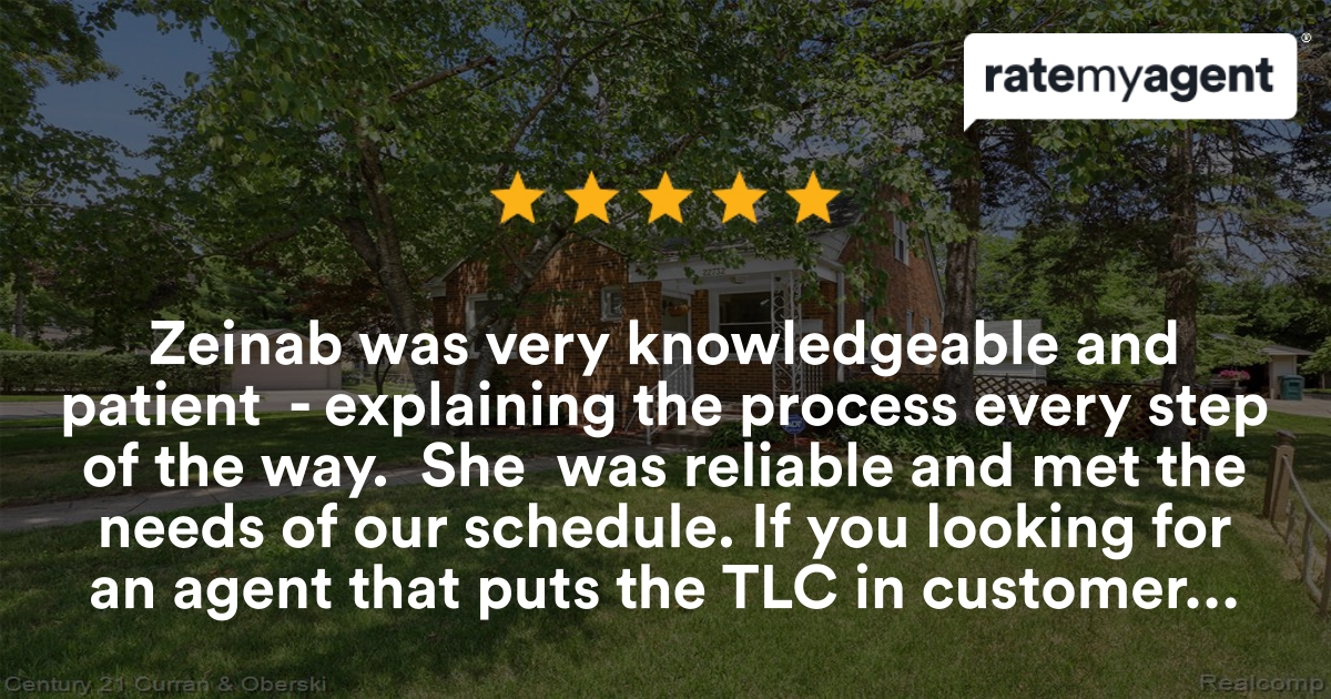 ZainabSells's tweet photo. My latest RateMyAgent review in Dearborn.
Licensed Realtor 6501416020
https://t.co/PorlP57iTu

...
#ratemyagent #realestate #REMAX_Classic__Canton https://t.co/n2ZcUMvN1L