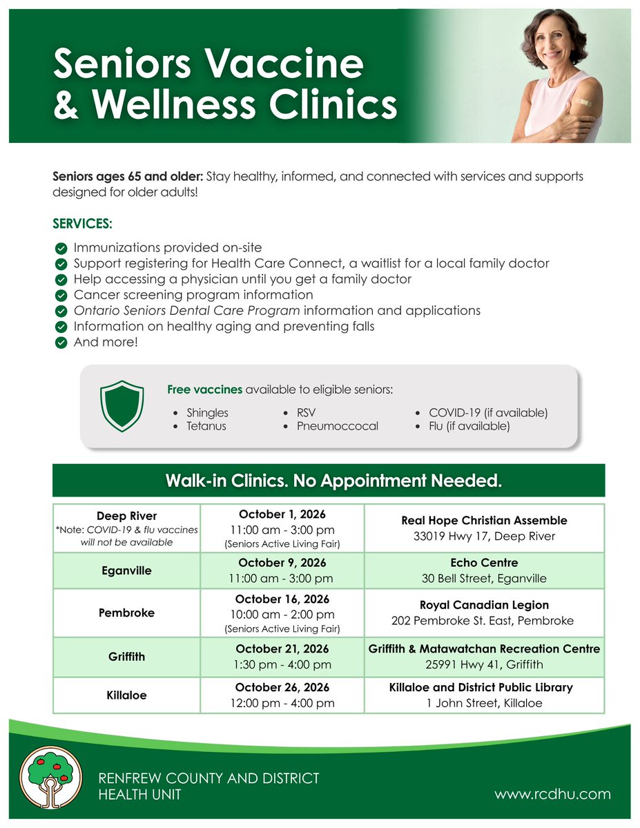 RCDHealthUnit's tweet photo. 📢 Seniors 65+ – Upcoming Clinics in Griffith &amp; Killaloe

Looking for trusted health information, support services, or eligible vaccinations? 

Visit one of our upcoming Seniors Vaccine &amp; Wellness Clinics, taking place in communities across Renfrew County and District. https://t.co/rzx9uiFs7g