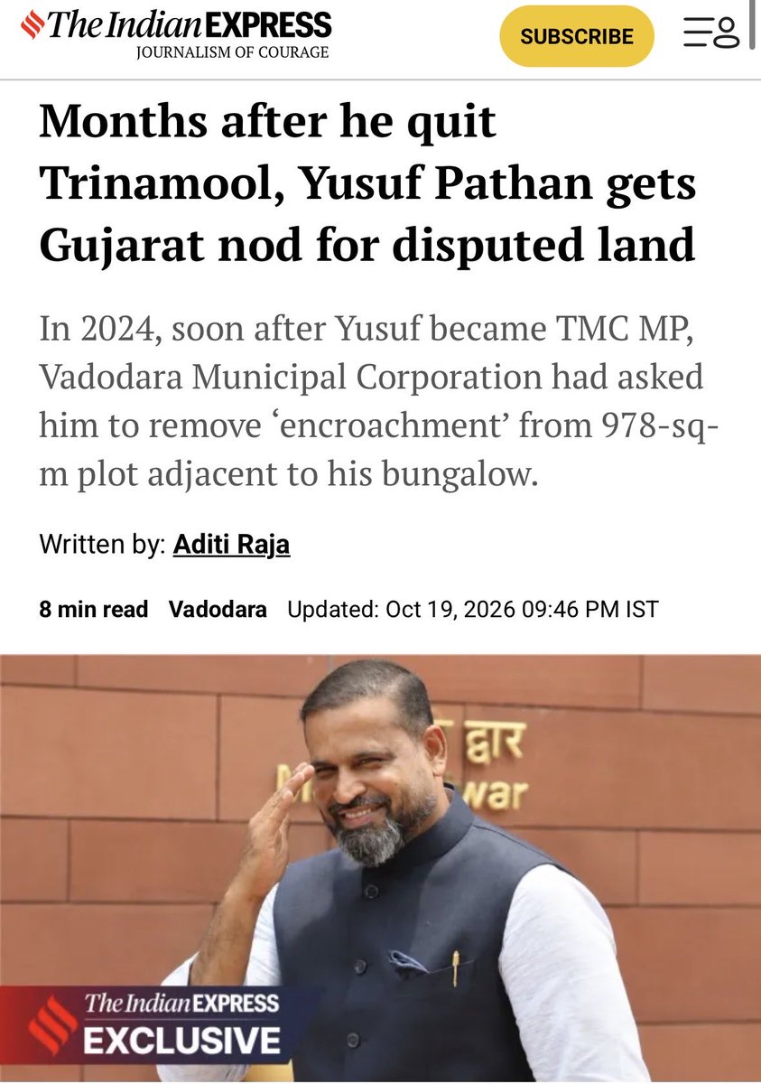 TheSincereDude's tweet photo. BJP slaps Yusuf Pathan with encroachment notice as TMC MP. He quits TMC. Gujarat govt rewards him with the same disputed land months later. https://t.co/FYVNkHa3p5