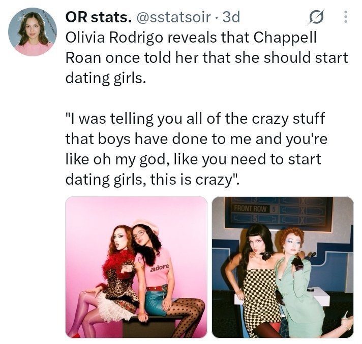 transleytanked's tweet photo. chappell auto-exposed herself a few days ago telling olivia rodrigo to start dating girls because some men treated her badly… which means that she sees lesbianism as a consolation prize for women who can’t find a good man rather than an actual sexual orientation? https://t.co/cPQnTMDVFT