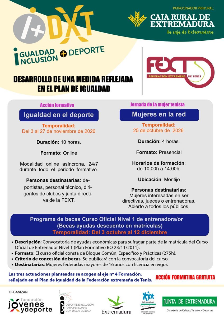 FedExtTenis's tweet photo. Actividades dentro del desarrollo del Plan de Igualdad de la FExT con 2 acciones: un “Día de la Mujer Tenista” el 25 de octubre en el CT Montijo, el QR de inscripción lo tienes en el cartel y una acción formativa de Igualdad en el deporte, del 3 al 27 de noviembre @jovenesEXT https://t.co/3w11tDQjIW