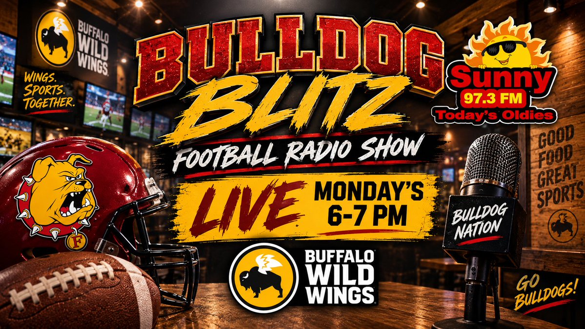 FerrisFootball's tweet photo. TONIGHT! The Bulldog Blitz Football Show airs live from Buffalo Wild Wings, 6-7 pm, on Sunny 97.3 FM &amp; https://t.co/1TDWqM3YW0! Recap of Anchor-Bone win &amp; preview of game vs Michigan Tech!

Tonight's guests:
6:05 - AD Steve Brockelbank
6:20 - RB Jake Price
6:40 - DT Jvonne Ruffin https://t.co/Ets0pAfhbM