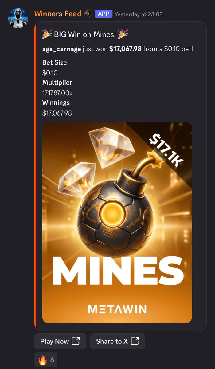 MetaWin's tweet photo. Congrats to player ‘ags_carnage’ who turned 10 cents into over $17,000 playing Mines on https://t.co/uFyY9IuLXF! 💣

To celebrate the 171,787X… We’re giving away $450 to 1 person who QRTs this tweet what they would do with the winnings. https://t.co/aWxWqNvmol