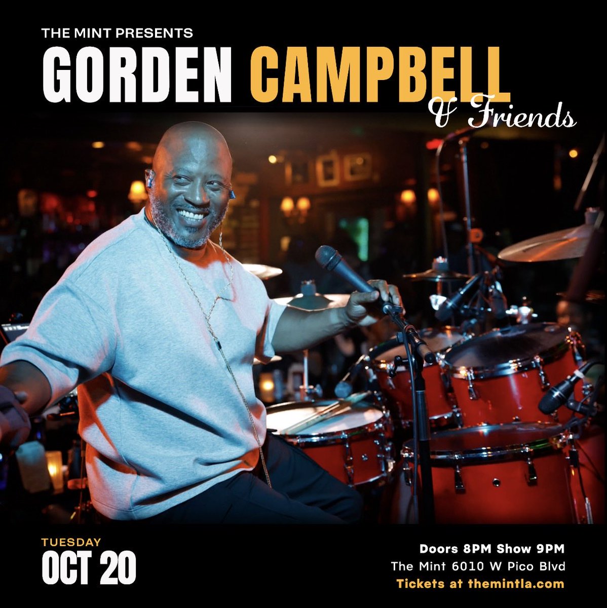 MintLA's tweet photo. TOMORROW, Tue 10/20, 8pm | Gorden Campbell &amp; Friends 🎶 Jazz, funk, R&amp;B &amp; soul with members of Usher, Mary J Blige, Lucky Daye, and Isley Brothers bands. Special guests TBA. Reserve a table: https://t.co/wIkawh7joA https://t.co/pstsqC6LQx