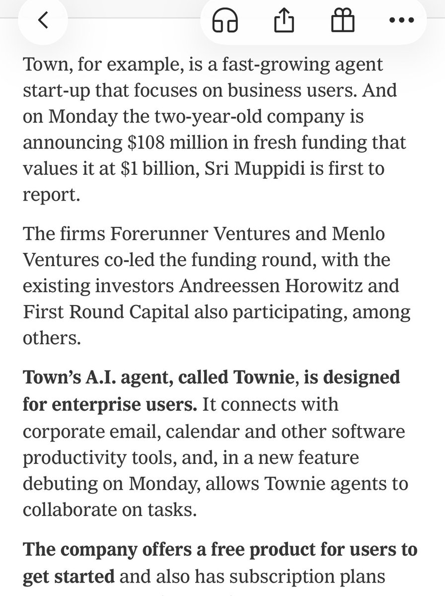 kirstenagreen's tweet photo. Two things are true at this moment in time: We are having the wrong conversation about which agent is going to win "the agent race” — because everything is now an agent. It's like saying in 2009, which website are you investing in?

So taking away the agentic form factor as the whole point, we need to ask, what are we really underwriting? What do these products solve, why will people trust them, and why will they come back weekly—daily?

With Town, it’s an exceptional team building a product that deeply knows its customers and is providing real, durable value. That's what it was always about.

When it comes to collaborative software, I am a big believer in the importance of an independently owned service that can work across everything—your Google Suite, iMessage, Granola, and more—with the security and sophistication of leaders who really know identity protocols (maybe even like those who have built one of the most successful financial identity infrastructure platforms🙃).

Great write-up of @TownAI in @nytimes: