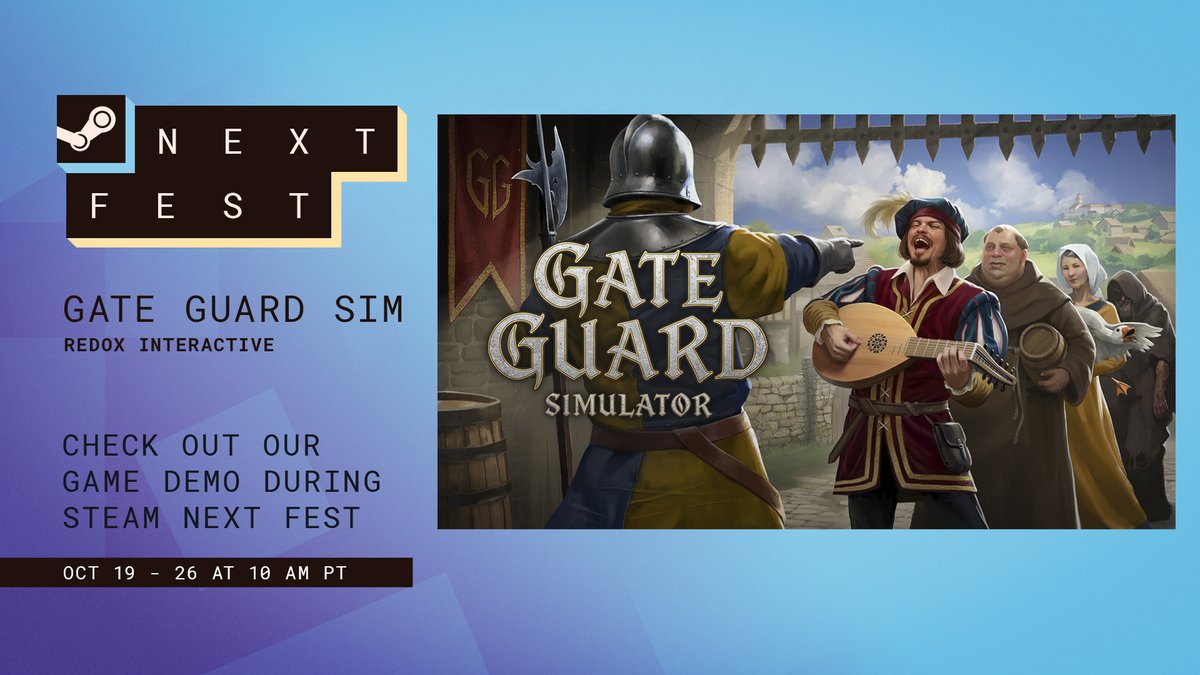 GateGuardSim's tweet photo. Your shift starts now! 🏰

Steam Next Fest is underway, and the Gate Guard Simulator demo is ready for you.

Check the rulebook, inspect the visitors, and try not to let anyone suspicious through.

Good luck. You'll need it https://t.co/Nh5tDqWGAH