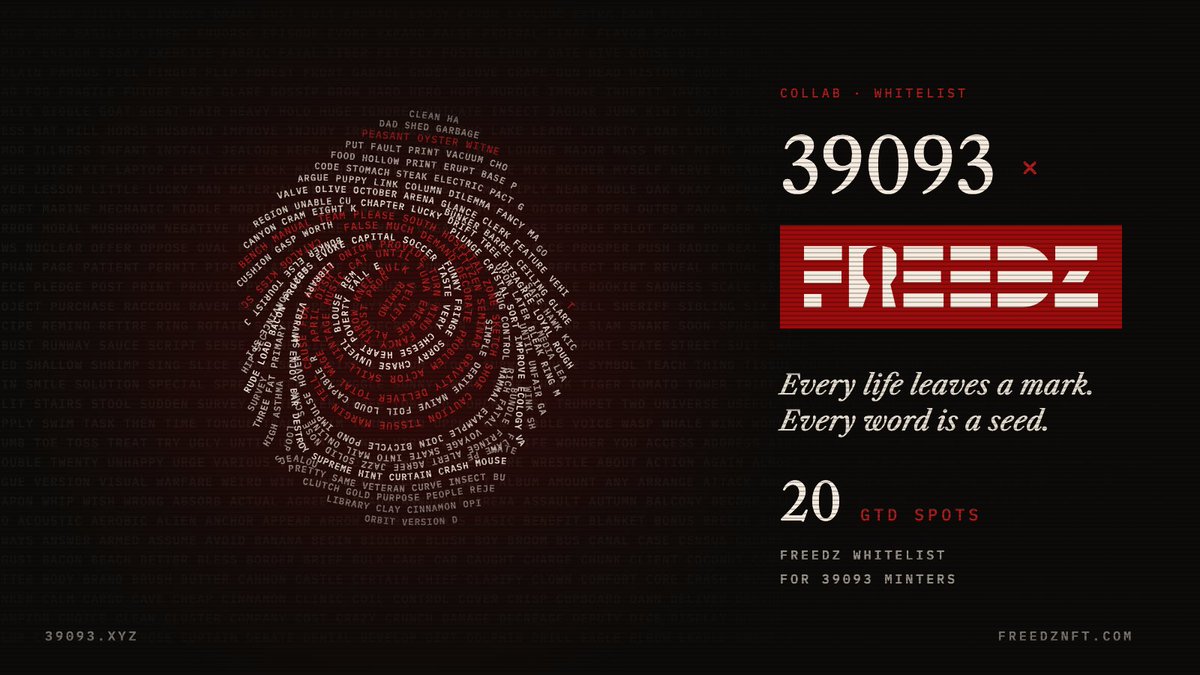 39093xyz's tweet photo. 39093 × @freedznft

20 GTD FREEDZ whitelist spots for 39093 minters. Open for 48 hours.

To enter:
1. Follow @39093xyz and @freedznft
2. Like and repost this post
3. Reply with your wallet address

That wallet must have minted at least one 39093 life. We'll check every wallet. https://t.co/WDmPqOLyJ0