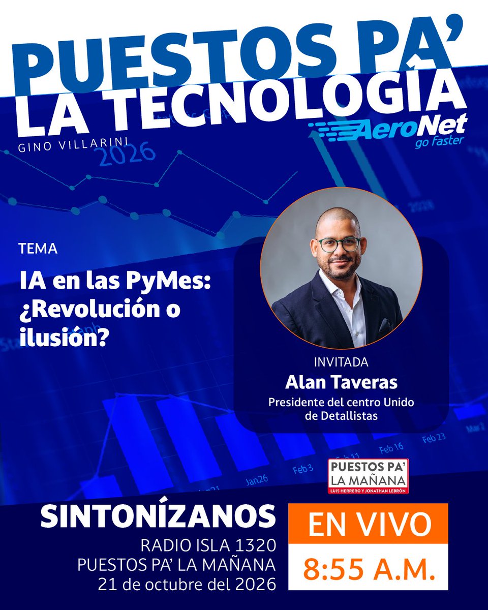 AeroNetPR's tweet photo. ¿La inteligencia artificial 🤖 realmente está revolucionando las PyMEs o todavía hay más promesas que resultados? 

Este miércoles hablamos sobre “IA en las PyMEs: ¿Revolución o ilusión?” junto a Alan Taveras, presidente del Centro Unido de Detallistas.

📻 Sintonízanos a las 8:55 a. m. por Radio Isla 1320 AM, en Puestos Pa’ la Mañana. #GoFaster 🚀