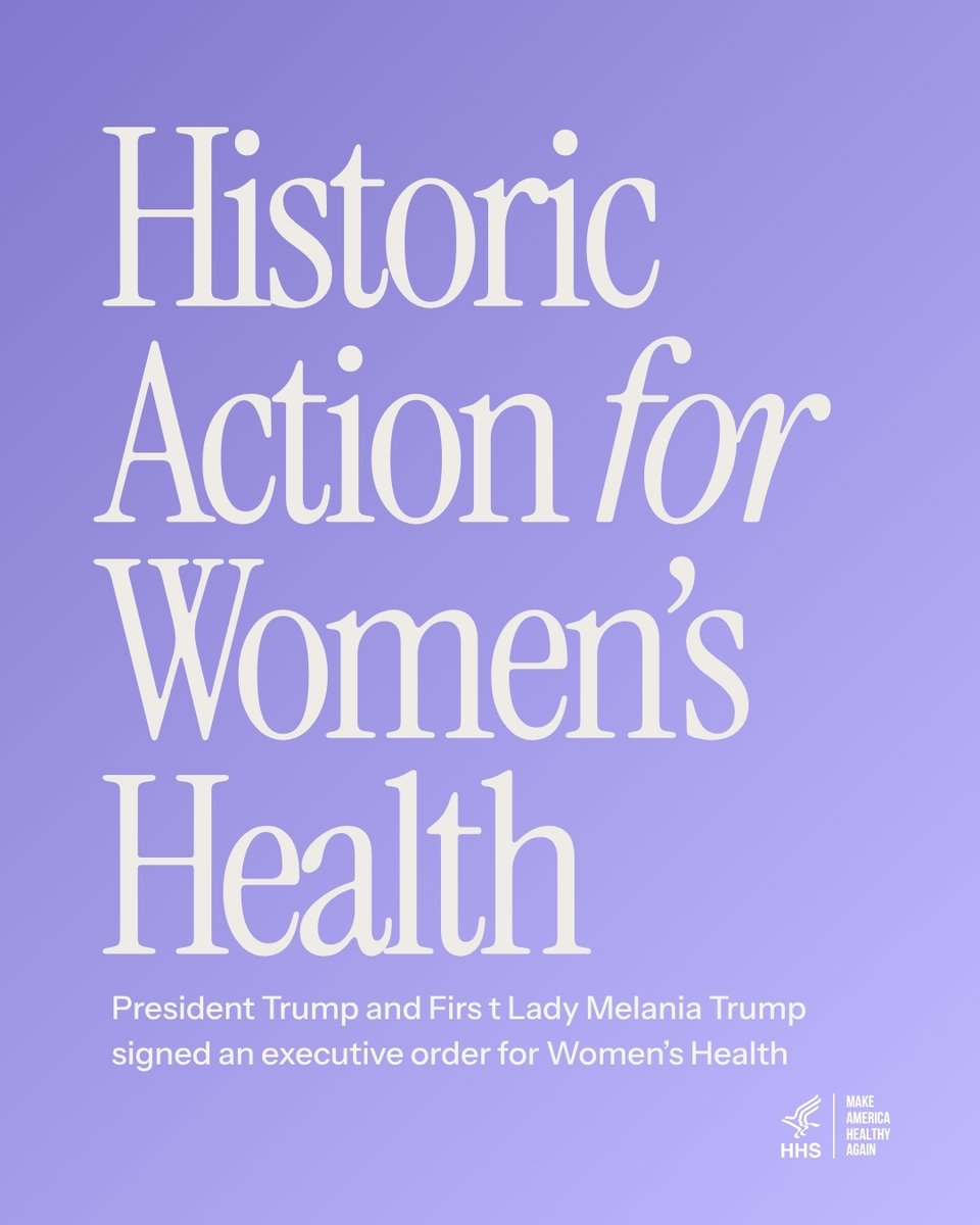 HHSGov's tweet photo. Today, @POTUS, joined by @FLOTUS, signed an executive order directing HHS to establish a new Women’s Health Division at @NIH to strengthen research, accelerate medical breakthroughs, and improve health outcomes for women and girls.

The order also establishes a White House Women’s Health Task Force, co-chaired by @SecKennedy and @SusieWiles47, to coordinate federal efforts to advance women’s health at every stage of life—from childhood and adolescence to reproductive health, menopause, and healthy aging.