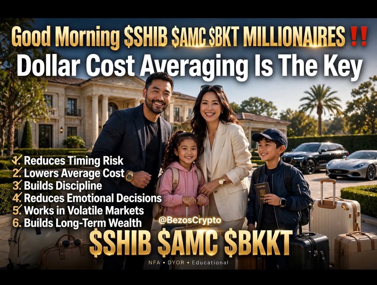 BezosCrypto's tweet photo. Good Morning $SHIB $AMC $BKTT ‼️

$SHIB $AMC $BKKT MILLIONAIRES PLAN
Dollar Cost Averaging Is The Key

✅Reduces Timing Risk
✅Lowers Average Cost
✅Builds Discipline
✅Reduces Emotional Decisions
✅Works in Volatile Markets
✅Builds Long-Term Wealth https://t.co/yDYZNJWZoM
