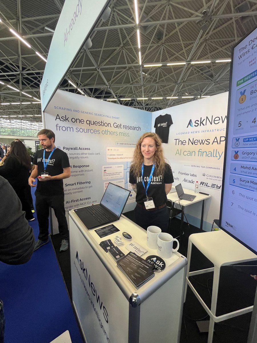 AskNewsApp's tweet photo. The deep search competition was a hit at #techex2026 today, with the current top score of 36 points - will that hold 1st place through the end of tomorrow to take home €400? 

Come by our booth in RAI Amsterdam at #169 to participate tomorrow!

Link to competition below ⬇️ https://t.co/5eW4kYI9N2