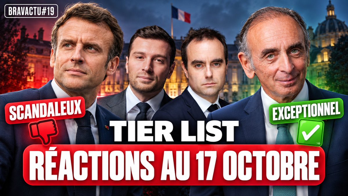 LesBraves_'s tweet photo. 🏆 21H00 | Exceptionnel ou scandaleux ? On classe leurs réactions au 17 octobre !

🔥 Après le chaos du 17 octobre, on classe les réactions des politiques : du scandaleux à l’exceptionnel, avec un Zemmour qui sort clairement du lot.

Qui mérite le haut du classement et qui touche le fond ? On vous donne notre avis ce soir !

👉 https://t.co/3B9sDqedvR