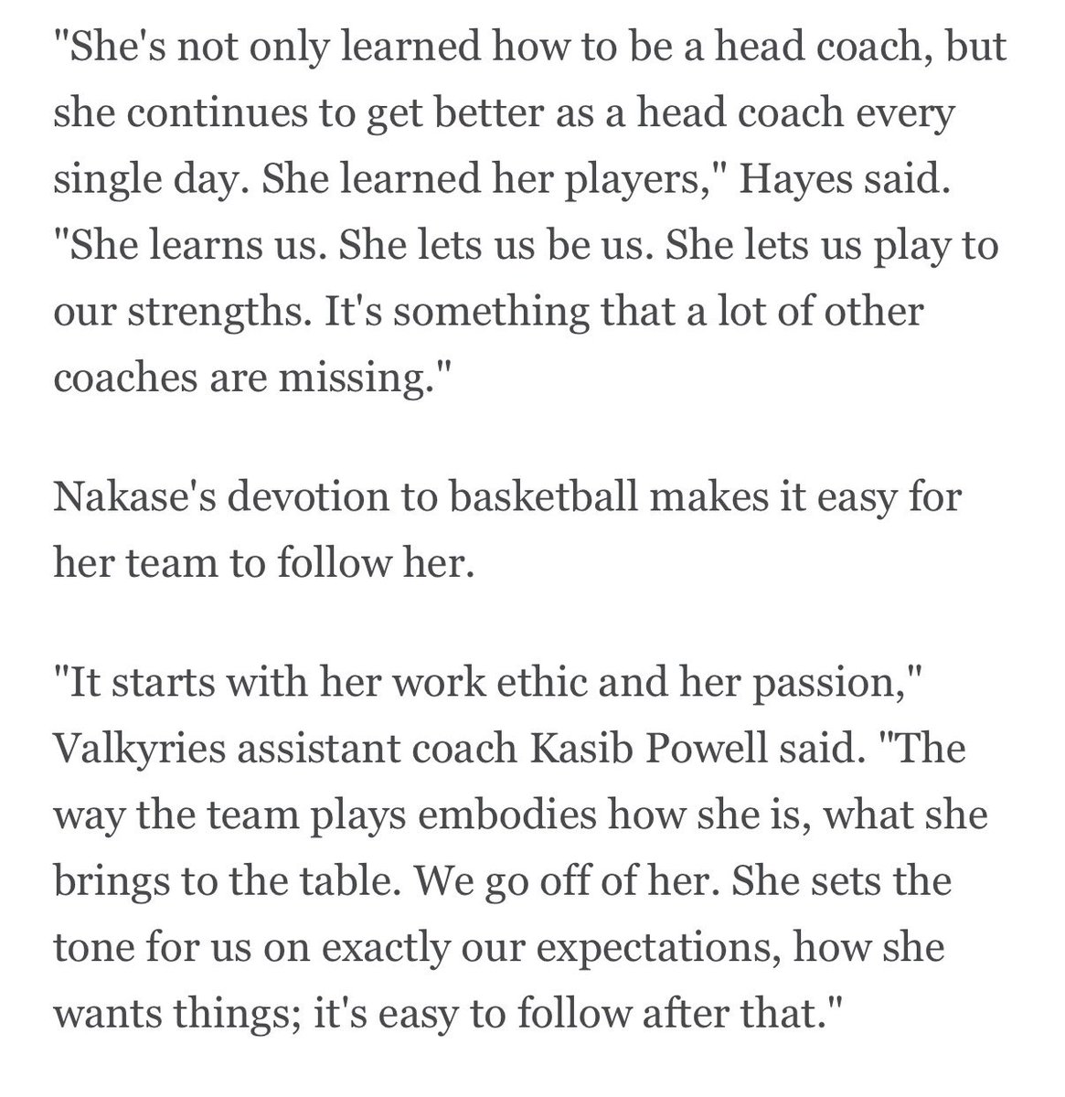 bagelled's tweet photo. Just read the ESPN article about Nakase, and these paragraphs really stood out - how she lets players play to their strengths, and lets them be themselves. 

Honestly, Steph White could learn a lot from this. The issue with Steph is not that she’s a defensive-minded coach, Nakase is defensively focused too. 

The difference is that Nakase took the time to actually understand her players and their strengths, and she modifies her game plans according to her team’s strengths. Steph White instead always tried to get the Fever to change their natural playing styles to adapt to her schemes. She also seemed to have super rigid schemes that didn’t change based on real-time game scenarios - if something didn’t work, the Fever didn’t really have any alternative approaches/schemes to run instead. This coaching style can’t form a successful team.