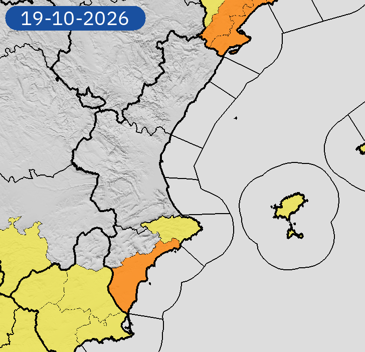 AEMET_CValencia's tweet photo. 19/10 19:18 AVISOS HOY Y MAÑANA | Comunitat Valenciana: tormentas y lluvias. Nivel máximo de aviso: naranja.
Actualizaciones en https://t.co/R3Fs2JzKgr https://t.co/QzesGns9dA