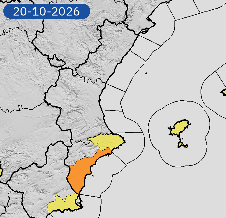 AEMET_CValencia's tweet photo. 19/10 19:18 AVISOS HOY Y MAÑANA | Comunitat Valenciana: tormentas y lluvias. Nivel máximo de aviso: naranja.
Actualizaciones en https://t.co/R3Fs2JzKgr https://t.co/QzesGns9dA