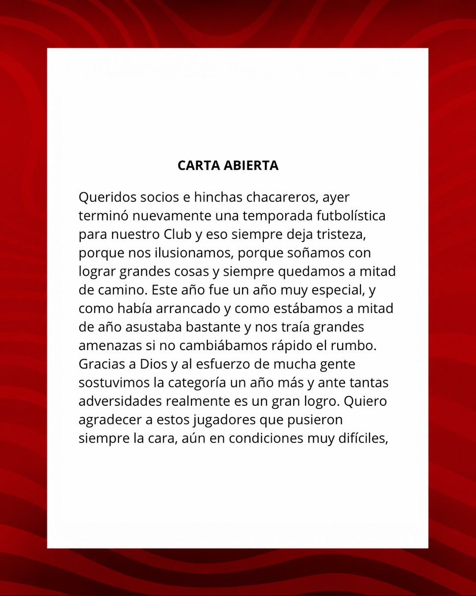 acsmmza's tweet photo. 🚨 COMUNICADO OFICIAL

Carta abierta de nuestro presidente, Pablo Ferlaza, sobre el futuro del fútbol profesional del Atlético Club San Martín.

📄 Compartimos sus palabras con toda la familia chacarera.

#SiempreChacarero 🇦🇹 https://t.co/dMDDC1hyZ8
