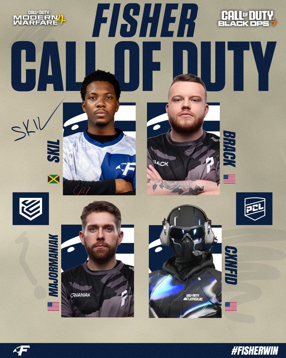 Fisher_Esports's tweet photo. COD TIME!!

Announcing our Call of Duty roster for the 2027/27 season! Super excited for this squad and already flying through the competition this Fall semester!

@BrackCN 🇺🇸
@Cxnfid  🇺🇸
@5SkiL  🇯🇲
@majormaniak  🇺🇸
@bowlcutmatt_  (sub) 🇺🇸
@izzys_ow 🇺🇸
@SweggyCOD 🇺🇸 https://t.co/bpTeTUVB6v