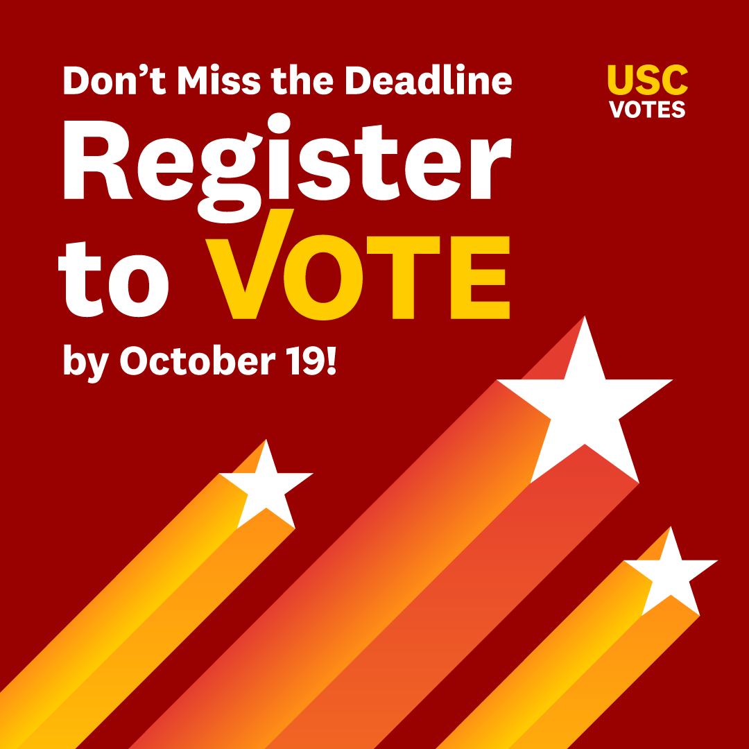 USCPrice's tweet photo. Don’t let a missed deadline keep you from having a say in California’s future. 🗳️
California’s General Election is Tuesday, November 3. 

Today, October 19, is the last day to register online.

Registering is quick and easy, and getting it done now can save time whether you vote by mail, drop off your ballot or vote in person at a USC Vote Center.

Check your registration status or register today through TurboVote USC
Link here: https://t.co/dHYNN9QoUf