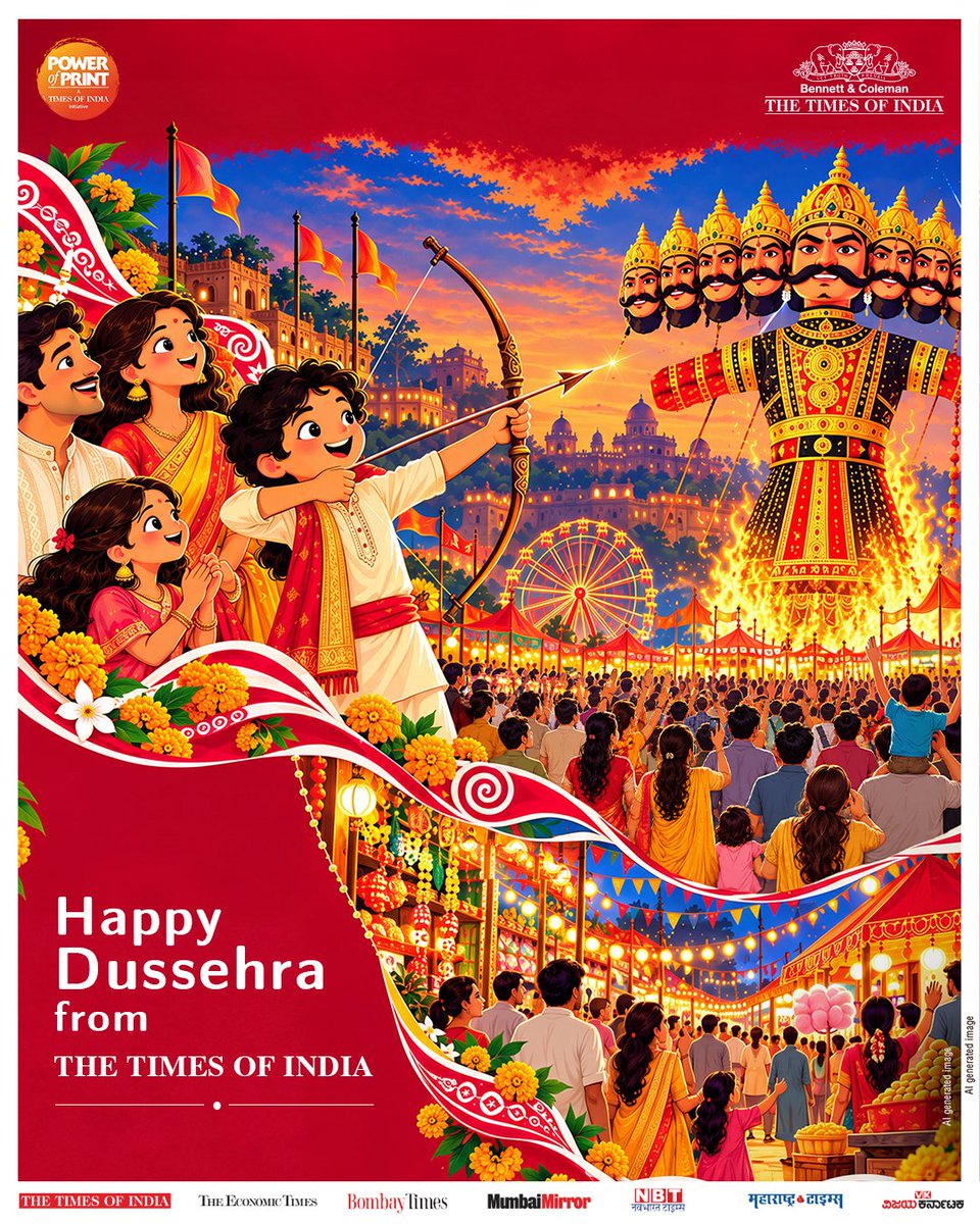 TimesResponse's tweet photo. Celebrate the traditions, savour the togetherness and welcome the promise of brighter beginnings.

The Times of India wishes you a Happy Dussehra. https://t.co/fpncFdT5RD