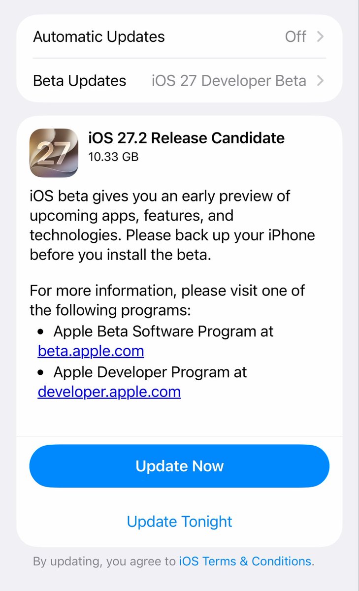 BrandonButch's tweet photo. iOS 27.2 RC has been released! https://t.co/5WJ4N8yAp4