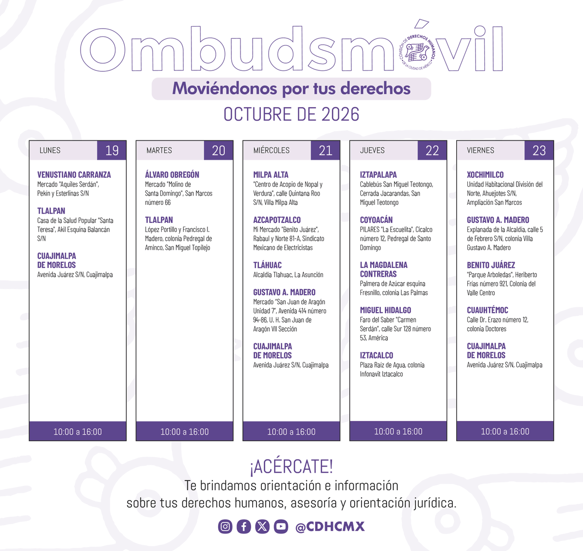 CDHCMX's tweet photo. 👉 ¡Acercamos nuestros servicios hasta tu colonia!

🚐 La #CDHCM fortalece sus acciones en territorio a través de las unidades #Ombudsmóvil, las cuales recorren las Alcaldías de la #CDMX.

📍 Conoce su ubicación y horarios: https://t.co/dKAb4RyRac https://t.co/1lth6W22Hn
