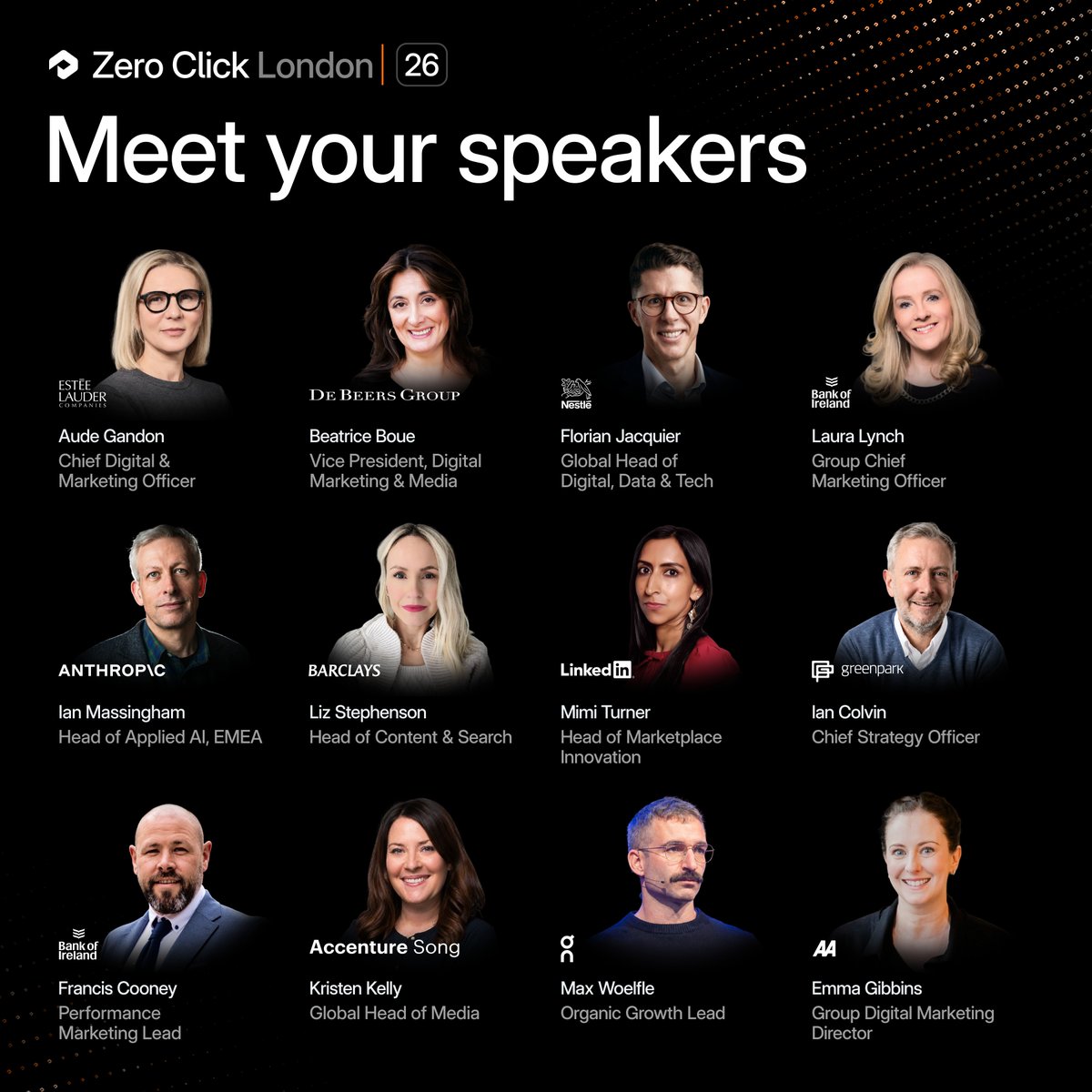 profound's tweet photo. Announcing our final speakers for Zero Click London this week 🇬🇧

Join experts from @EsteeLauder, @DeBeersGroup, @Nestle, @bankofireland, @AnthropicAI, @Barclays, @LinkedIn, @GPContentGlobal, @Accenture, @on_running, and @TheAA_UK to discuss the future of AI marketing.

Thursday, 22 October
London, United Kingdom