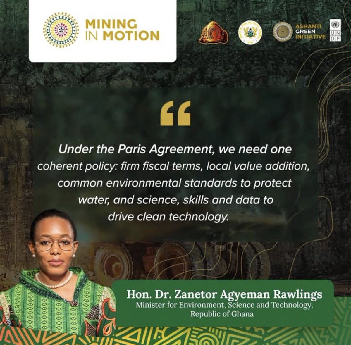 UNDPGhana's tweet photo. #Ghana needs a coherent minerals policy that promotes local value addition, protects communities & harnesses science for clean #tech
At #MiningInMotion2026, Hon. Dr Zanetor Agyeman-Rawlings called for unified mineral governance to advance sustainable development.
#MiM26 https://t.co/AZR5lQsD5C
