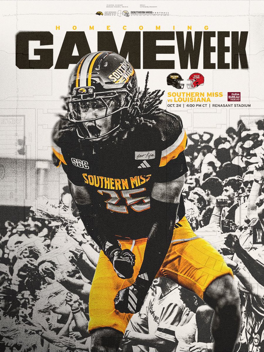 SouthernMissFB's tweet photo. Homecoming Game Week‼️

Fans wear 🟡

🎟️ https://t.co/7cNN5DC5AW

#SMTTT https://t.co/vjuYg1SbZH