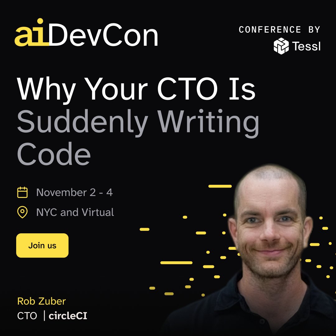 CircleCI's tweet photo. @z00b's speaking at AI DevCon NYC!

"Why Your CTO Is Suddenly Writing Code” is an honest account of what happens when a technical leader goes back into the workflow to understand how AI is changing software development.

Join us November 2-4: https://t.co/X7xcngY7QI https://t.co/qFkYf4Hcva