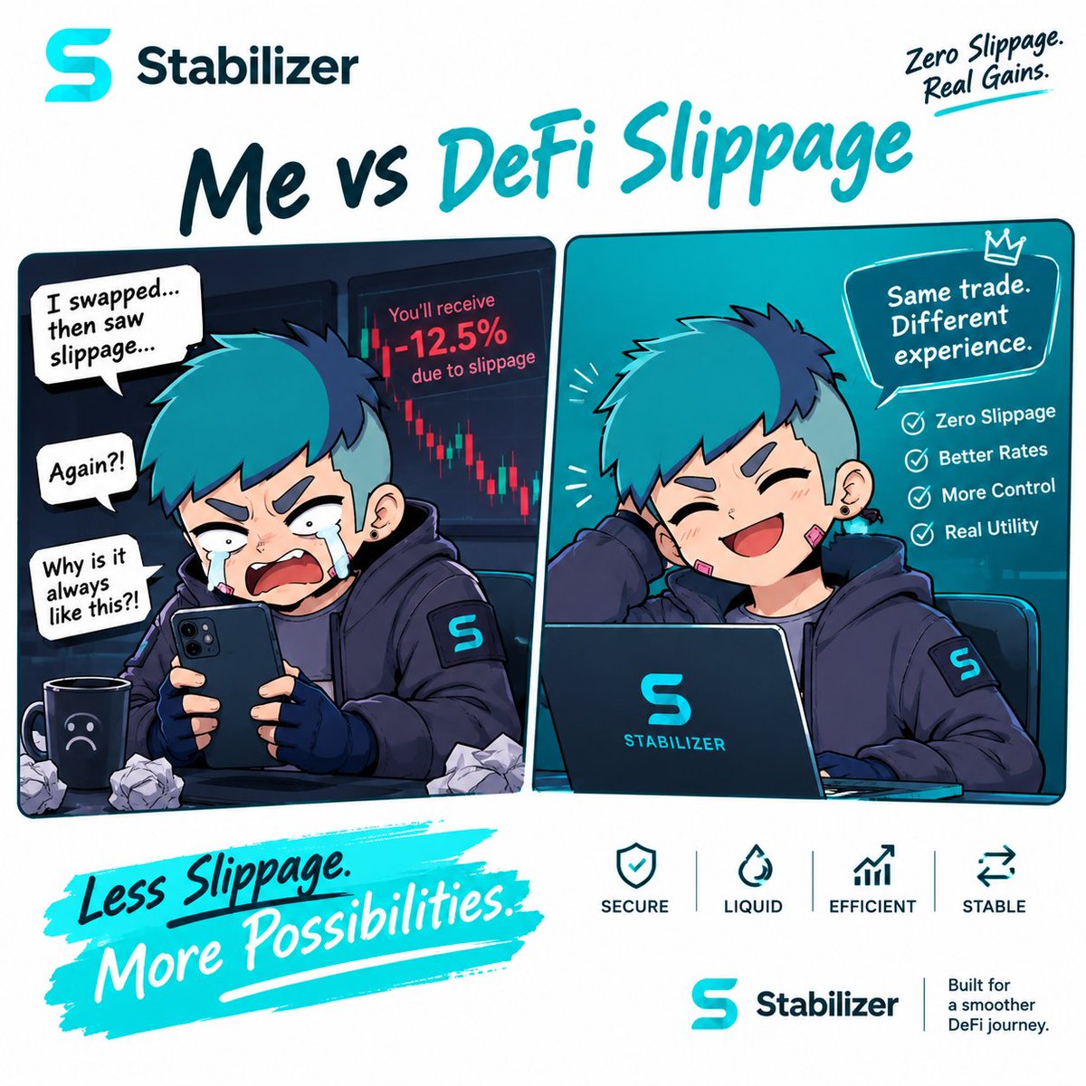 king_reg2's tweet photo. Same trade. Different experience. 

Tired of watching slippage eat into your trades? It’s time to rethink how you trade stablecoins.

@StabilizerFi is building for zero-slippage stablecoin trading and a smoother DeFi experience.

Less slippage. More possibilities. https://t.co/mrOQqTJvd3