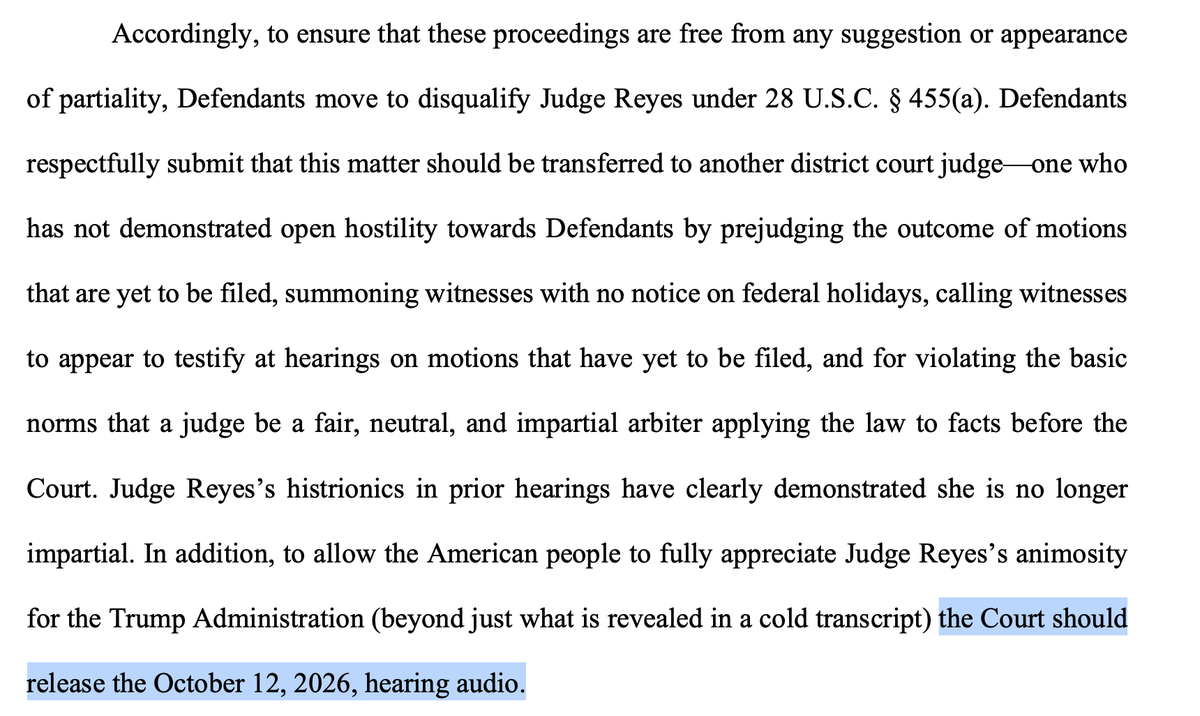 rachelbovard's tweet photo. The DOJ's brief asked Judge Reyes to release the audio of her latest meltdown so the public could hear it. In response she mutes this entire hearing even though there’s a public access line for people to call and listen. https://t.co/55h7bclnYJ