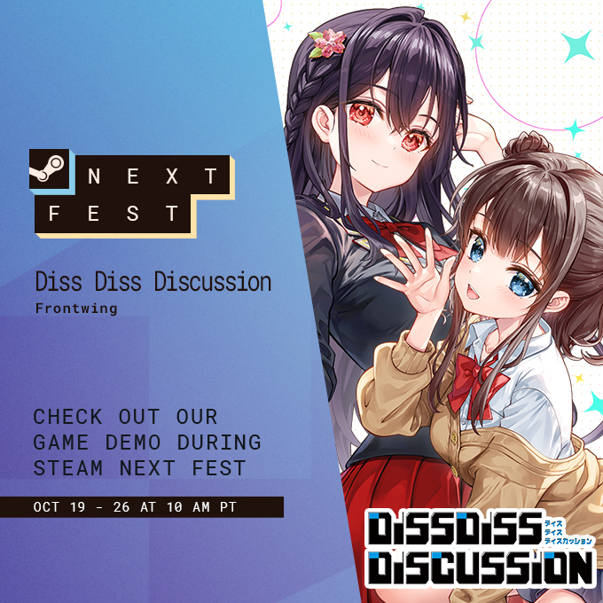 FrontwingInt's tweet photo. Steam Next Fest: October 2026 has begun!
Check out the demo for Diss Diss Discussion, our next visual novel! https://t.co/dWobjq6erx