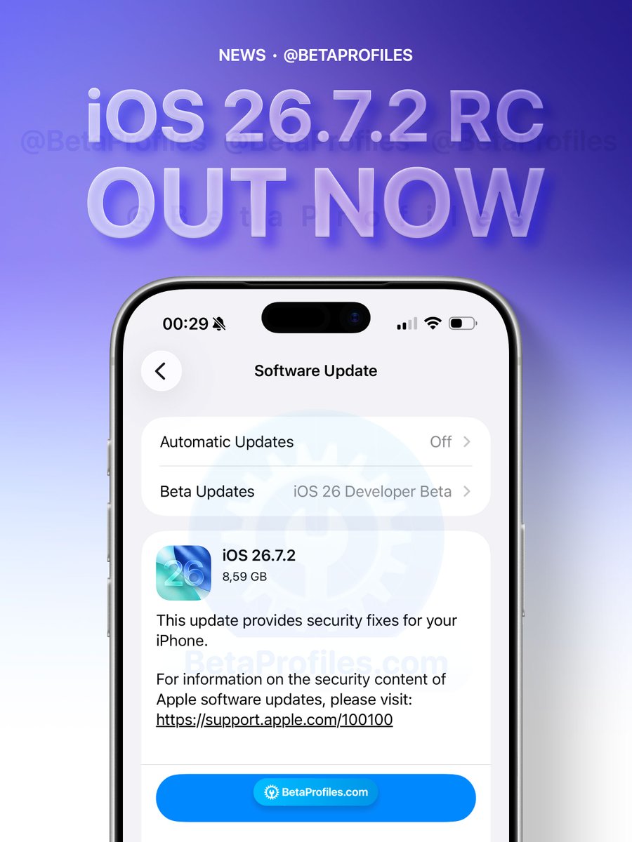 BetaProfiles's tweet photo. iOS 26.7.2 RC is out now! https://t.co/8KLveNZY1S