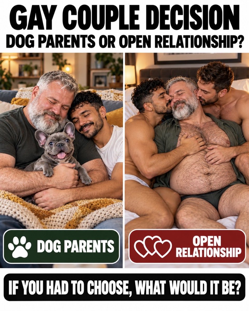 jeffyramalhoM's tweet photo. 5 years together… and now comes the big decision! 🐻❤️🐶🔥 Dog parents or open relationship? Which one would you choose and why? 👀😂

#DaddyBear #BearAndChaser #GayCouples #GayMemes #GayRelationships https://t.co/sWyyeUDWll