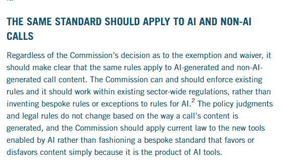 thejoekane's tweet photo. This is right, but as @ITIFdc explained, the fact that they're AI-generated shouldn't matter. @FCC should just apply the law which reaches the pro consumer outcome, rather than flirt with content-based exemptions from TCPA that the Supreme Court has found unconstitutional. https://t.co/Dw9rVUGKrt