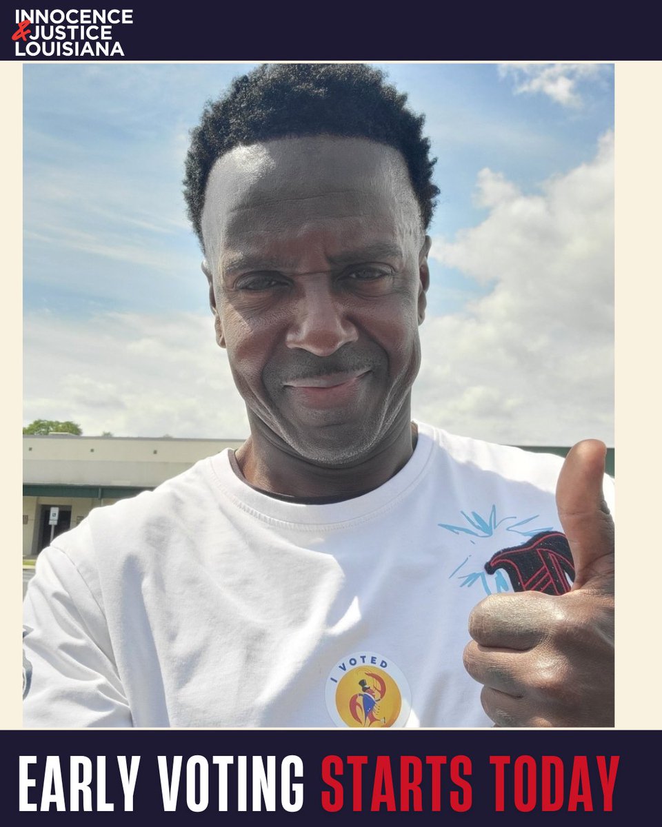 IJLA_org's tweet photo. Early voting starts today, Louisiana, and Cedric Dent says, "Geaux Vote!" 
 
Cedric could not vote for the nearly-25 years he was wrongfully in prison and is now an avid voter.

Check your voting location and review what's on your ballot at https://t.co/n645Ae7G0Q. https://t.co/RM2l5OXuMJ