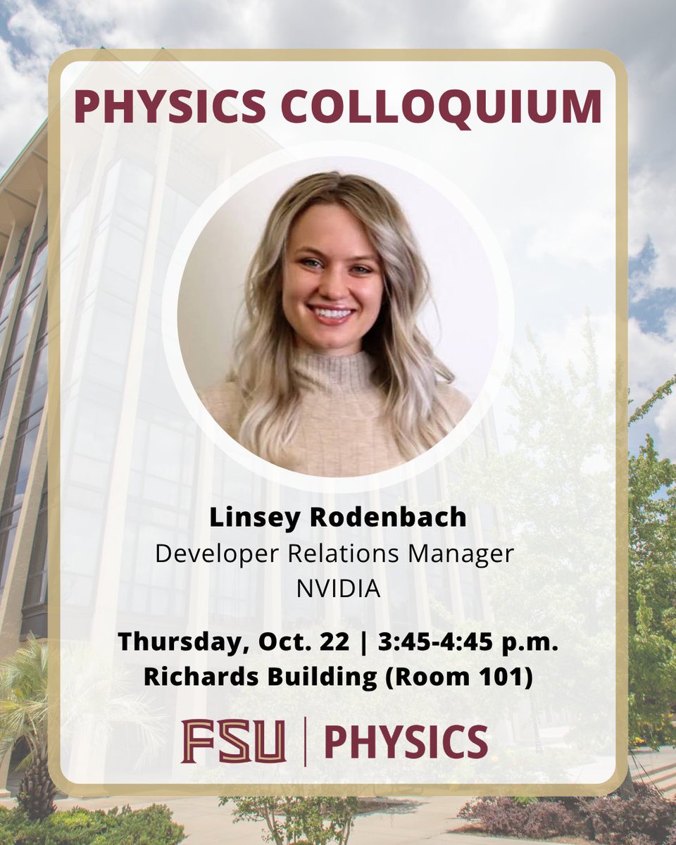 FSUPhysics's tweet photo. Next @FSUPhysics Colloquium ▶️ "Why quantum computing requires accelerated classical computing, AI, and simulation," presented by Linsey Rodenbach from @nvidia.

🗓️ Thursday, Oct. 22
⏰ 3:45-4:45 p.m.
📍 Richards Building (Room 101)

https://t.co/ZO9I08OGIK

@FloridaState https://t.co/zS2VSqap2d